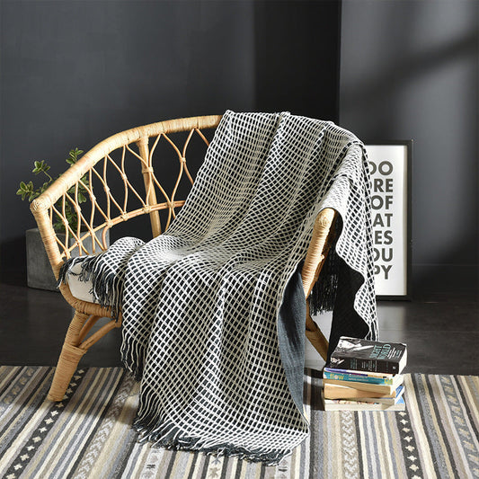 HKM-425107 Waffle Pattern Tassel Woolen Blanket for Sofa - Modern Design 130x170 cm