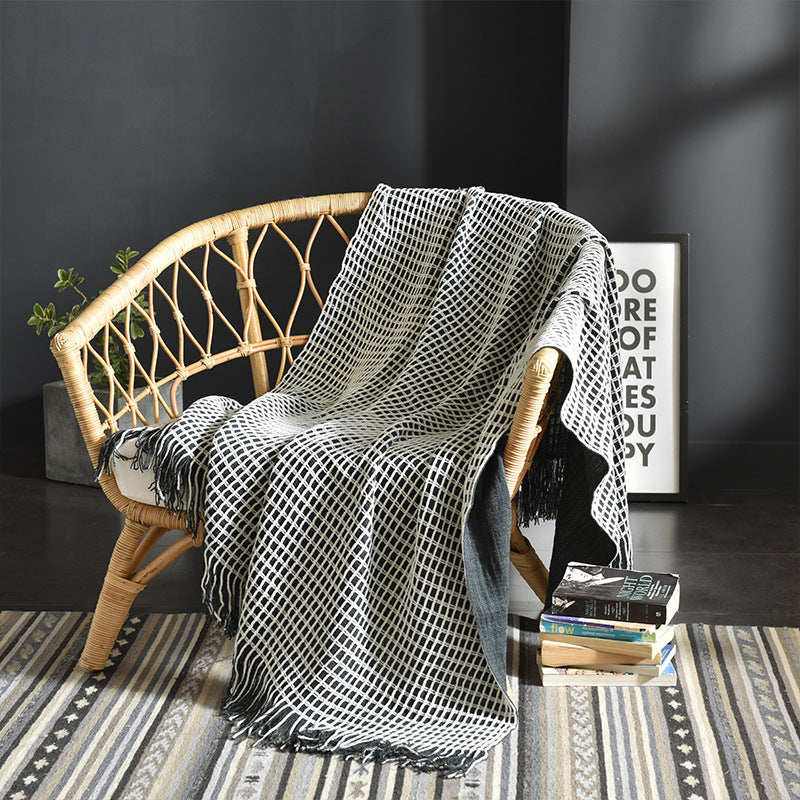 HKM-425107 Waffle Pattern Tassel Woolen Blanket for Sofa - Modern Design 130x170 cm