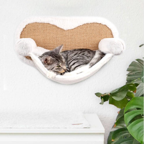 HKM-4256701 Wall-Mounted Cat Climbing Frame with Hanging Scratching Pole and Flannel Hammock