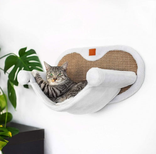 HKM-4256701 Wall-Mounted Cat Climbing Frame with Hanging Scratching Pole and Flannel Hammock