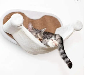 HKM-4256701 Wall-Mounted Cat Climbing Frame with Hanging Scratching Pole and Flannel Hammock