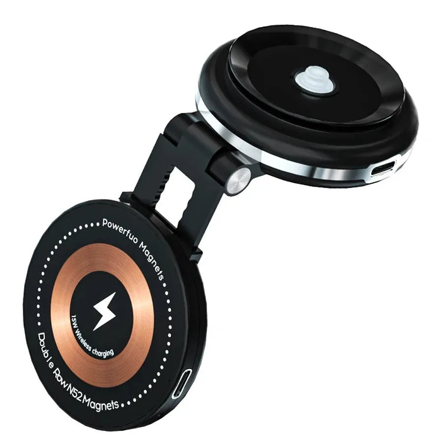 HKM-425683 15W Wireless Car Charger with Suction Cup and Magnetic Holder - 360 Degree Rotation, Dual-purpose Design for Easy Use