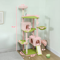HKM-4258365 Flower Design 74" Cat Tree with Scratching Posts, Condos, and Hammock - Indoor Cat Tower in Pink