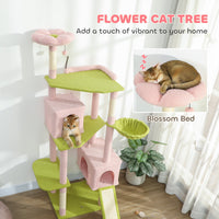 HKM-4258365 Flower Design 74" Cat Tree with Scratching Posts, Condos, and Hammock - Indoor Cat Tower in Pink
