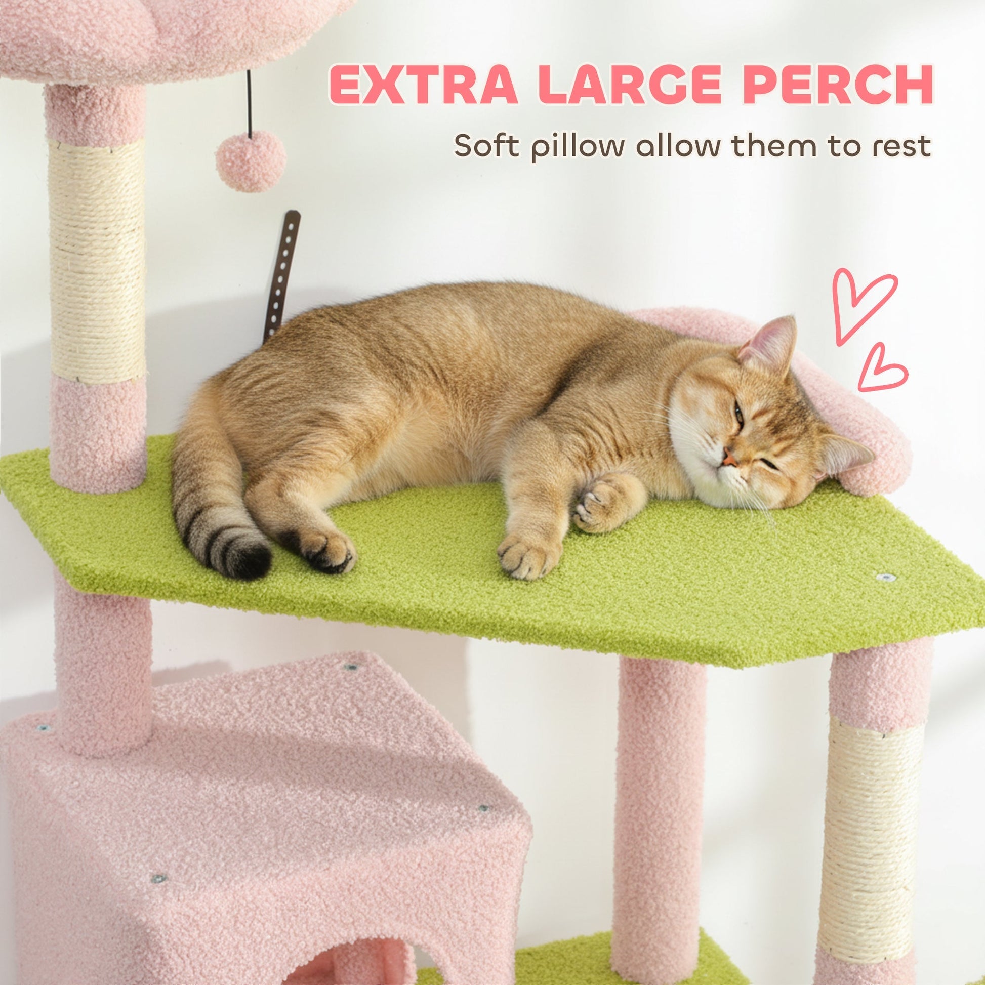 HKM-4258365 Flower Design 74" Cat Tree with Scratching Posts, Condos, and Hammock - Indoor Cat Tower in Pink