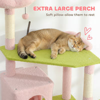 HKM-4258365 Flower Design 74" Cat Tree with Scratching Posts, Condos, and Hammock - Indoor Cat Tower in Pink