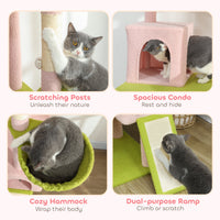 HKM-4258365 Flower Design 74" Cat Tree with Scratching Posts, Condos, and Hammock - Indoor Cat Tower in Pink