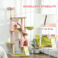 HKM-4258365 Flower Design 74" Cat Tree with Scratching Posts, Condos, and Hammock - Indoor Cat Tower in Pink