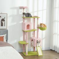 HKM-4258365 Flower Design 74" Cat Tree with Scratching Posts, Condos, and Hammock - Indoor Cat Tower in Pink