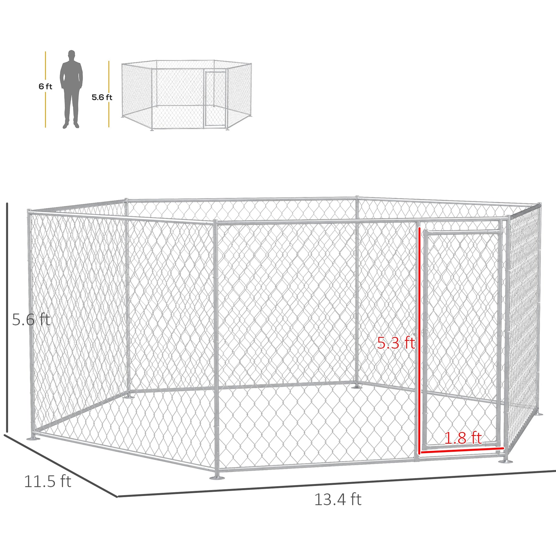 HKM-4258749 Outdoor Dog Kennel with Lockable Door for Medium to Large Dogs - 13.4' x 11.5' x 5.6' Silver Galvanized Steel, 108 ft²