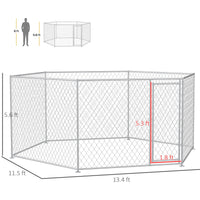 HKM-4258749 Outdoor Dog Kennel with Lockable Door for Medium to Large Dogs - 13.4' x 11.5' x 5.6' Silver Galvanized Steel, 108 ft²