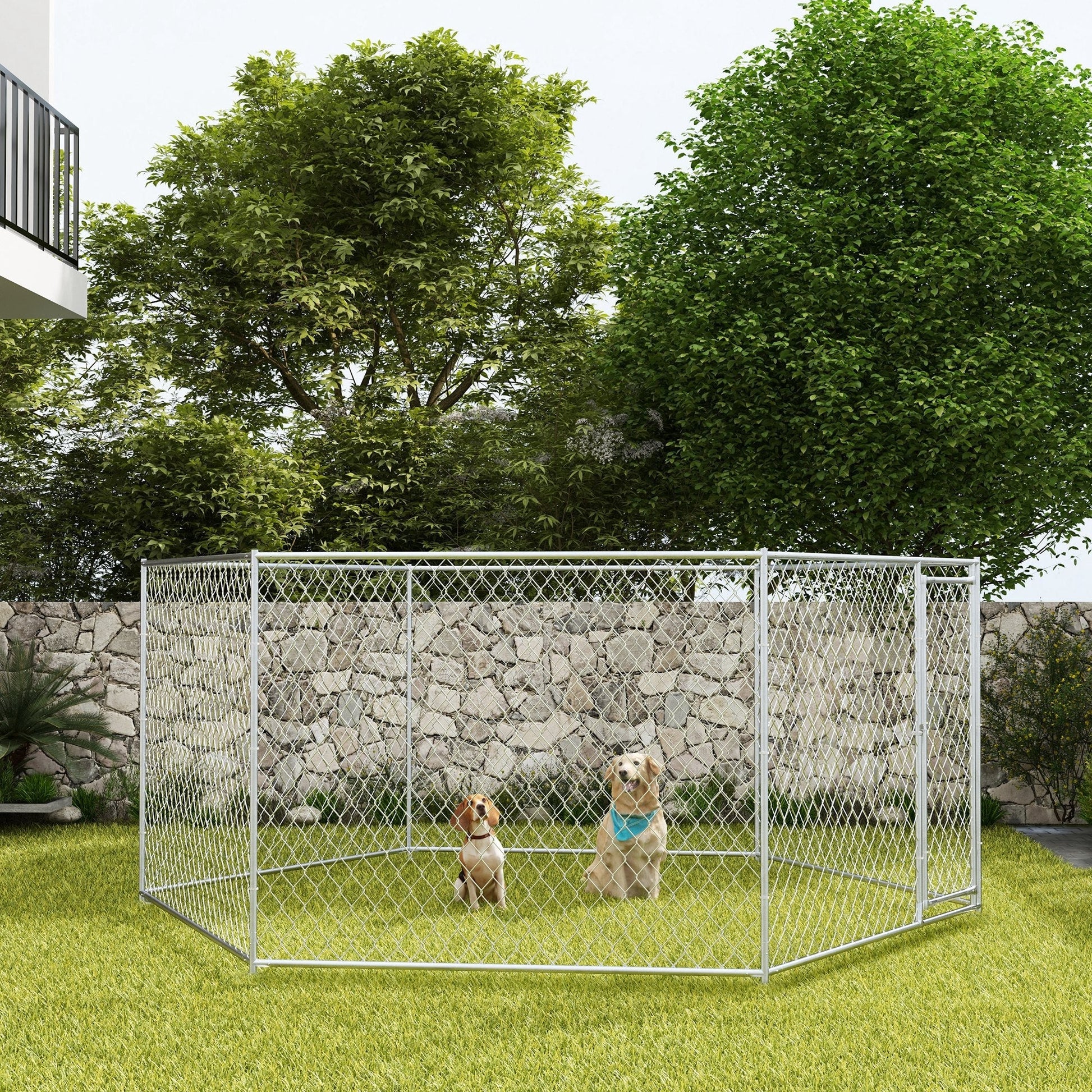HKM-4258749 Outdoor Dog Kennel with Lockable Door for Medium to Large Dogs - 13.4' x 11.5' x 5.6' Silver Galvanized Steel, 108 ft²
