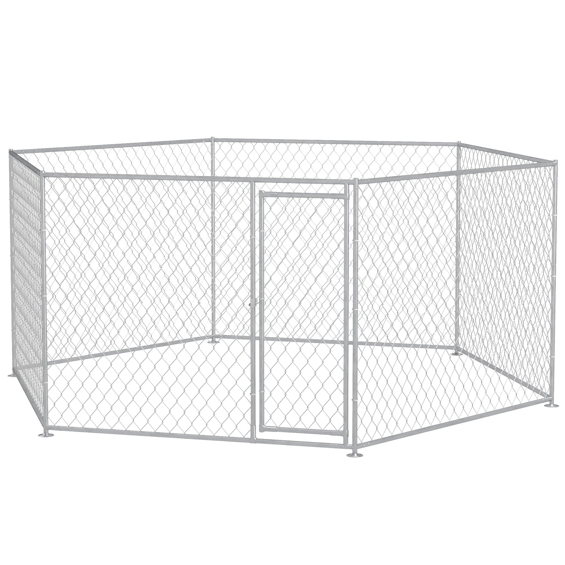 HKM-4258749 Outdoor Dog Kennel with Lockable Door for Medium to Large Dogs - 13.4' x 11.5' x 5.6' Silver Galvanized Steel, 108 ft²
