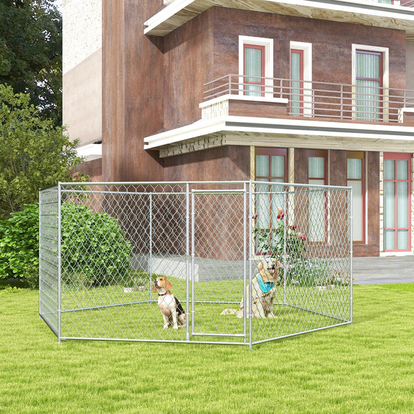 HKM-4258749 Outdoor Dog Kennel with Lockable Door for Medium to Large Dogs - 13.4' x 11.5' x 5.6' Silver Galvanized Steel, 108 ft²