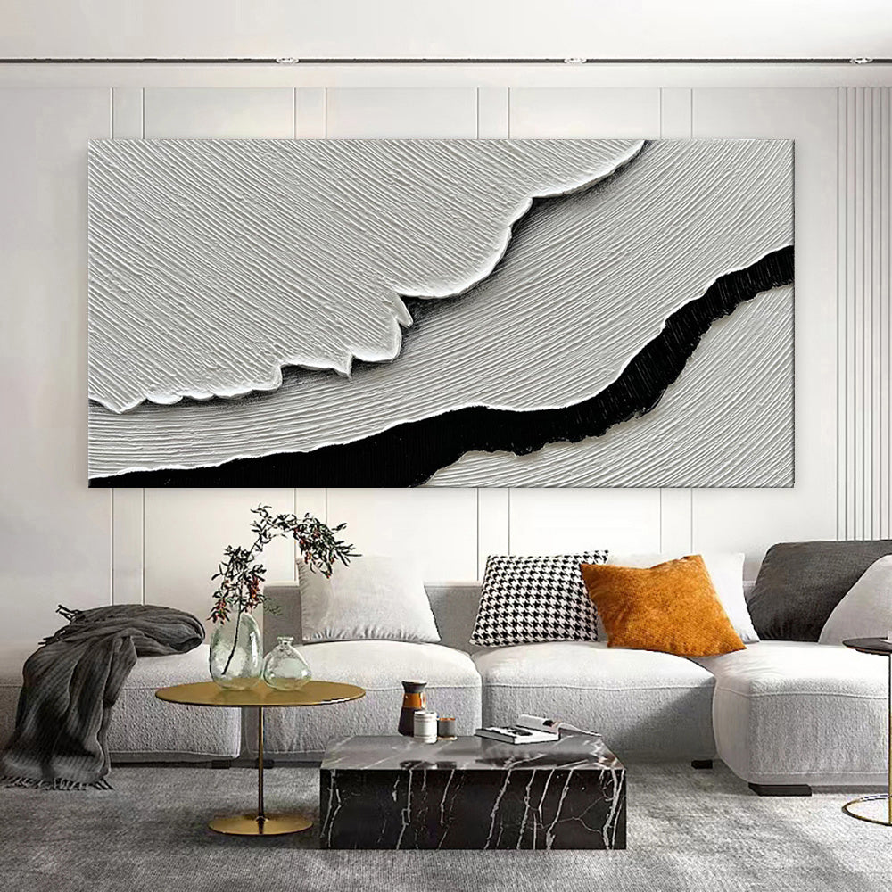 HKM-425875 Hand-Painted Black and White Abstract Sea Waves Oil Canvas Art for Living Room and Bedroom Decor