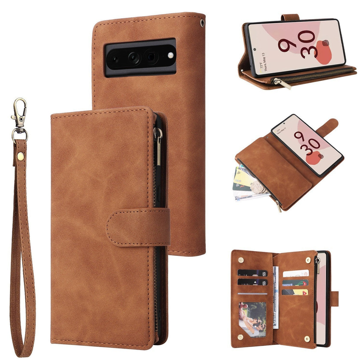 HKM-425875 Leather Zipper Card Flip Wallet Phone Case for Google Pixel Models