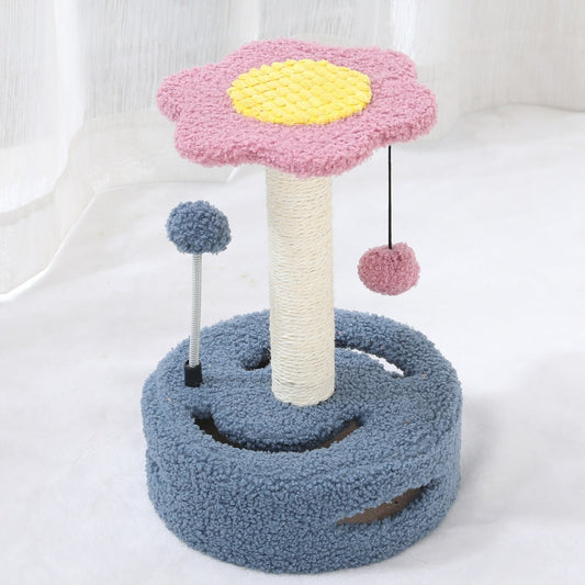 HKM-425939 Multifunctional Cat Tree with Scratching Rod and Teasing Toy, Six-Petal Sunflower Design