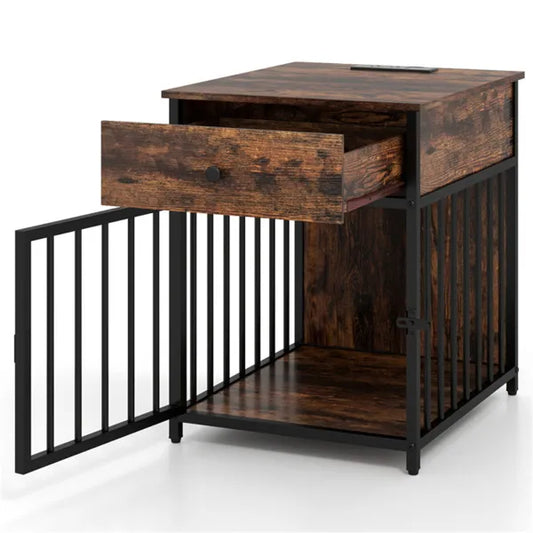 HKM-4264509 2-in-1 Dog Crate End Table with Charging Station for Small Dogs Under 25 Lbs, Chew-Resistant Metal Tube Design