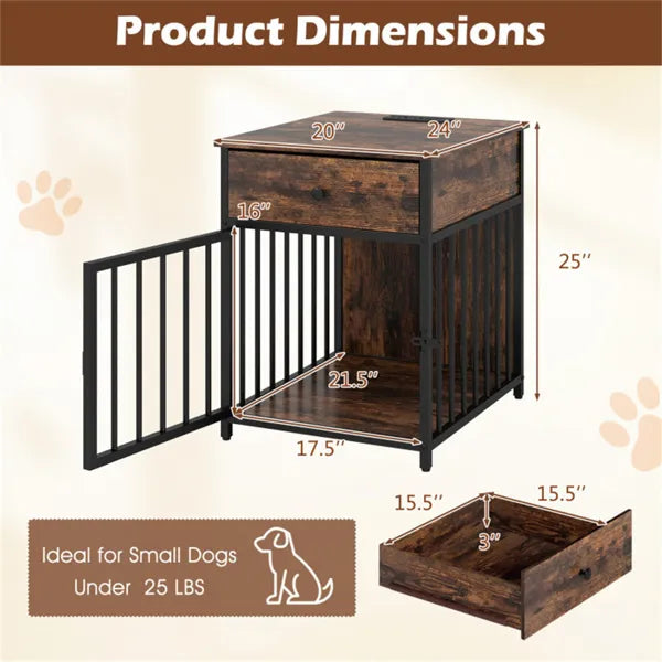 HKM-4264509 2-in-1 Dog Crate End Table with Charging Station for Small Dogs Under 25 Lbs, Chew-Resistant Metal Tube Design