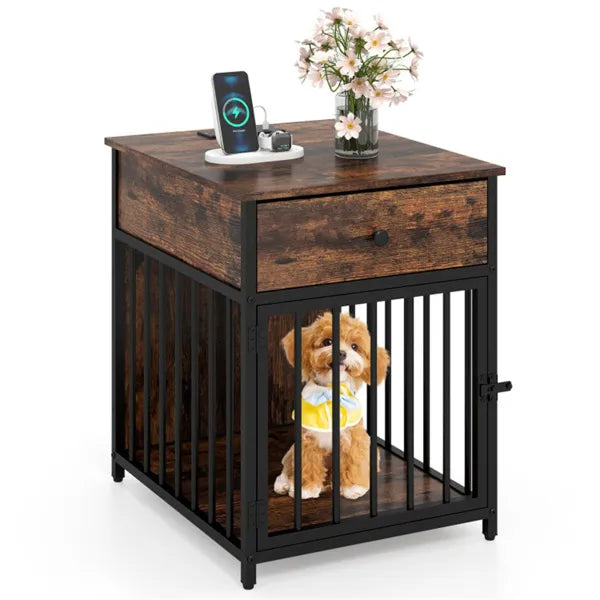 HKM-4264509 2-in-1 Dog Crate End Table with Charging Station for Small Dogs Under 25 Lbs, Chew-Resistant Metal Tube Design