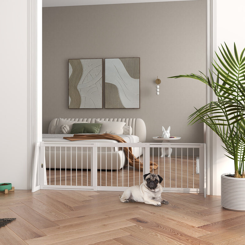 HKM-4266301 Freestanding Wooden Pet Gate with Adjustable Width and Non-Slip Mats for Indoor Use