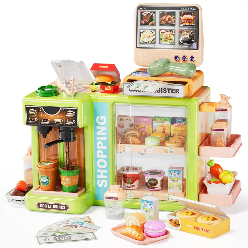 HKM-426899 5-in-1 Grocery Supermarket Toy Set with Touchscreen Cashier, Mini Coffee Maker, Play Food, and Play Money