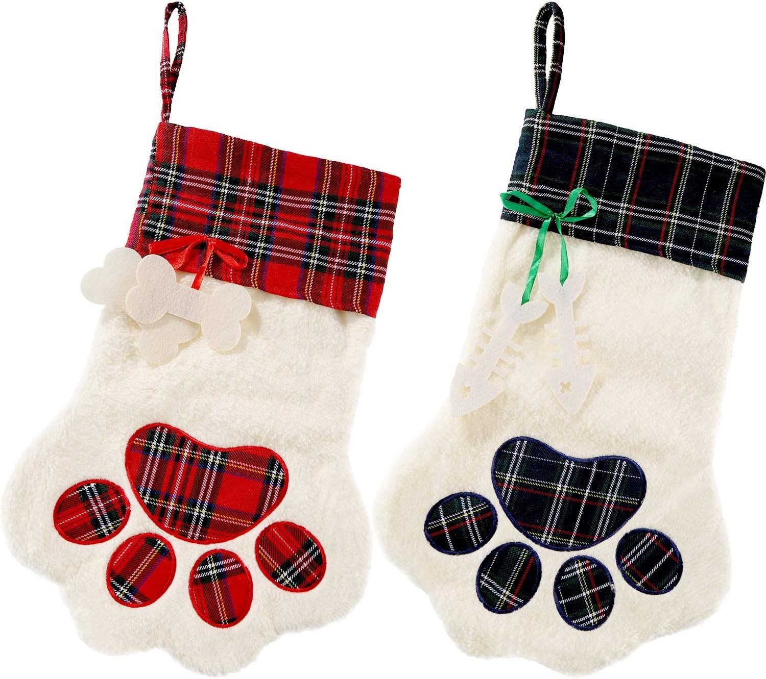 HKM-427219 Buffalo Plaid Pet Stockings with Paw Pattern for Dogs and Cats - Holiday Hanging Decor