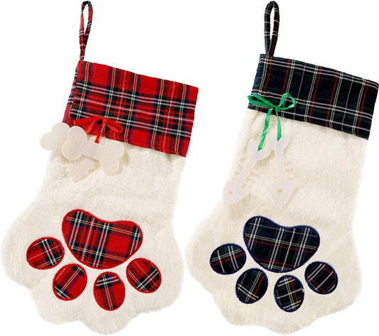 HKM-427219 Buffalo Plaid Pet Stockings with Paw Pattern for Dogs and Cats - Holiday Hanging Decor