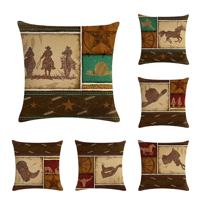 HKM-427219 Cowboy Themed Decorative Throw Pillow Cushion Covers - 45cm x 45cm, Printed Front, Plain Cotton Linen Back