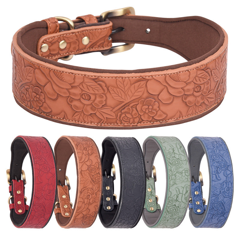 HKM-4272573 Embossed Leather Dog Collar with Soft Cotton Lining - Available in Multiple Colors