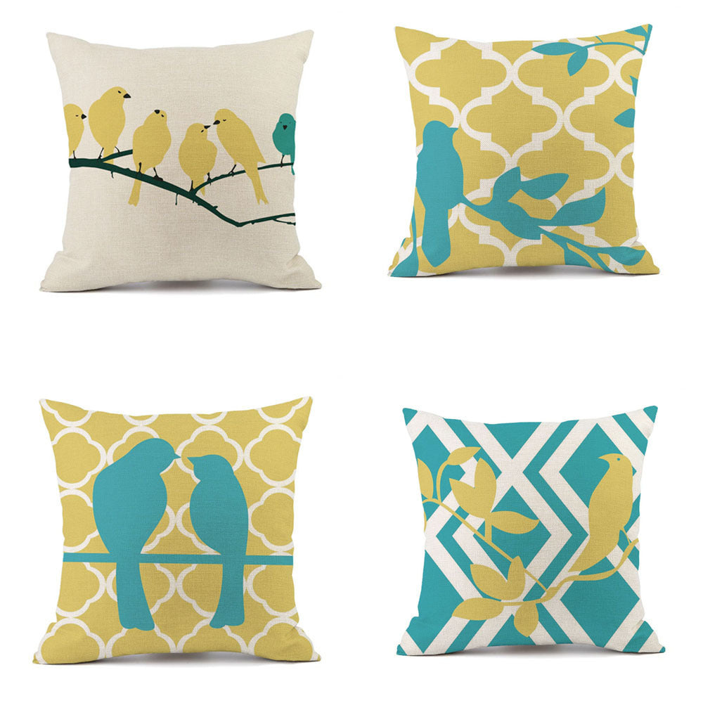HKM-427475 Nordic-Inspired Striped Pillowcase with Floral and Bird Design - Cotton and Linen, 45x45 cm