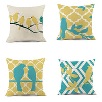 HKM-427475 Nordic-Inspired Striped Pillowcase with Floral and Bird Design - Cotton and Linen, 45x45 cm