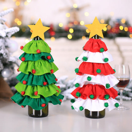 HKM-427539 Christmas Tree Wine Bottle Cover with Pentagram and Fluffy Balls for Holiday Decor