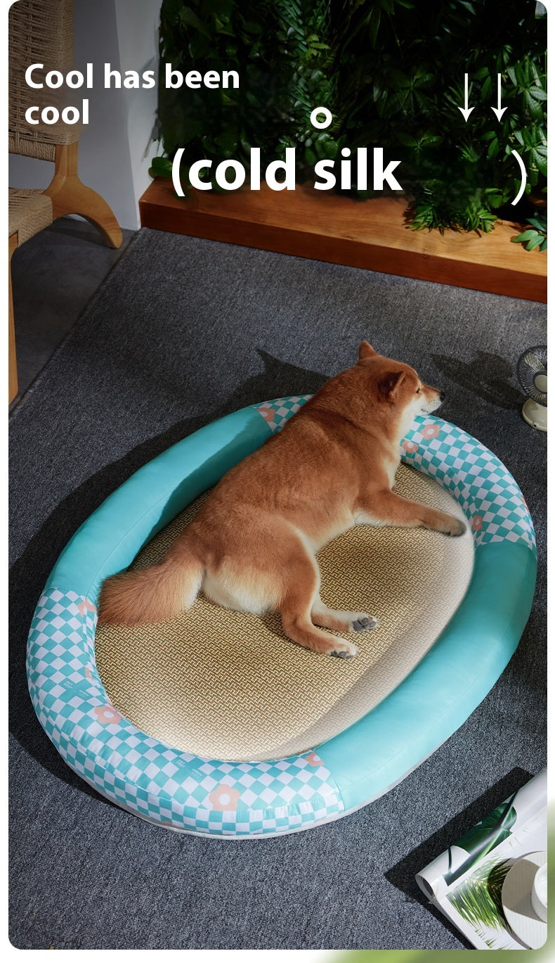 HKM-4276413 Cooling Pet Mat - Ice Silk Fabric Oval Shape in Green Plaid, Orange Rabbit Radish, Yellow Bear Styles