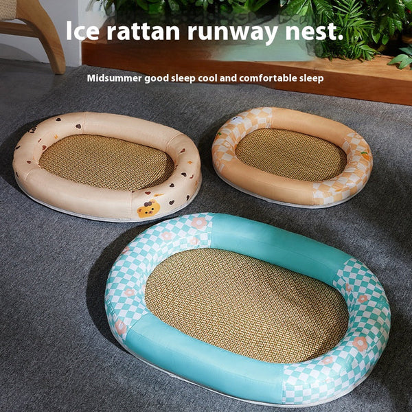 HKM-4276413 Cooling Pet Mat - Ice Silk Fabric Oval Shape in Green Plaid, Orange Rabbit Radish, Yellow Bear Styles