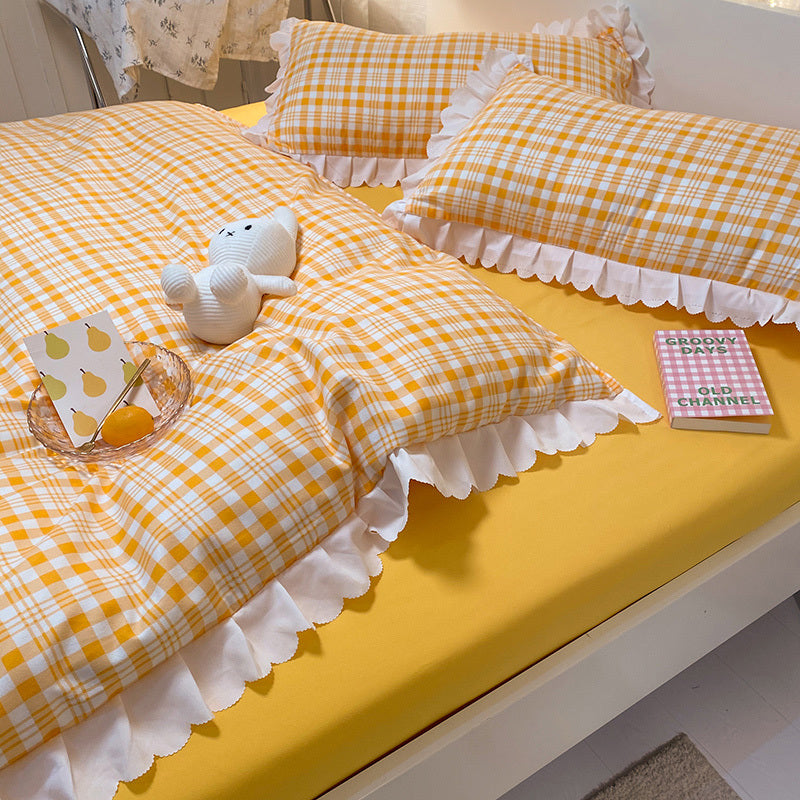 HKM-427923 Rainbow Stripes Lace 4-Piece Duvet Cover Set with Bed Sheet and Skirt