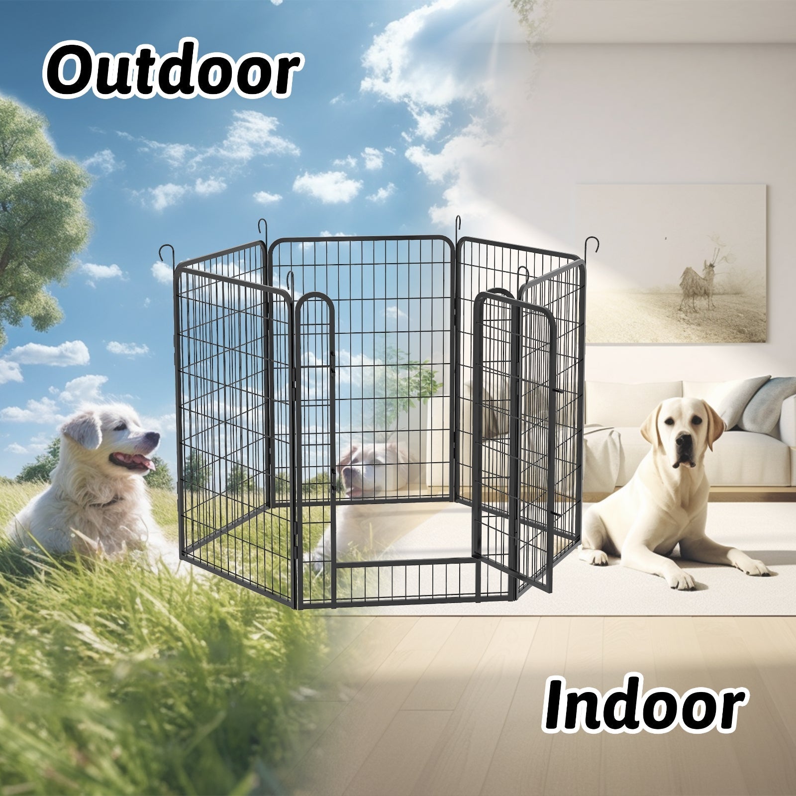 HKM-4279997 Durable Heavy-Duty Metal Playpen with Door - 6 Panels Pet Exercise Pen for Indoor & Outdoor Use