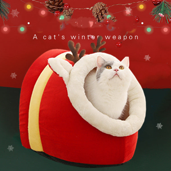 HKM-4282173 Festive Christmas Snow House Pet Nest with Warm & Cozy Design for Cats