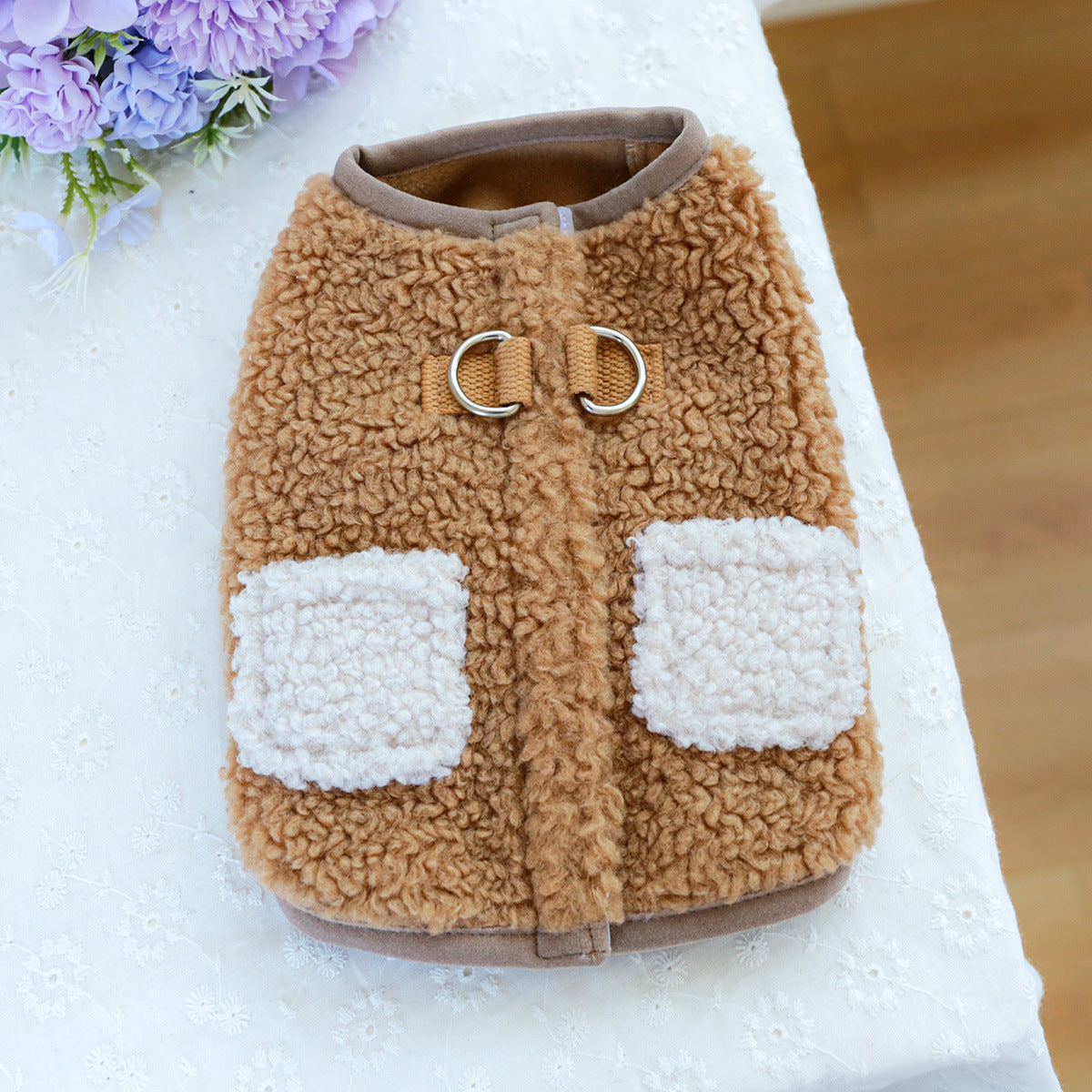 HKM-4287677 Cozy Pocket Vest for Pets in Pink and Brown - Casual Polyester Clothing, Multiple Sizes Available