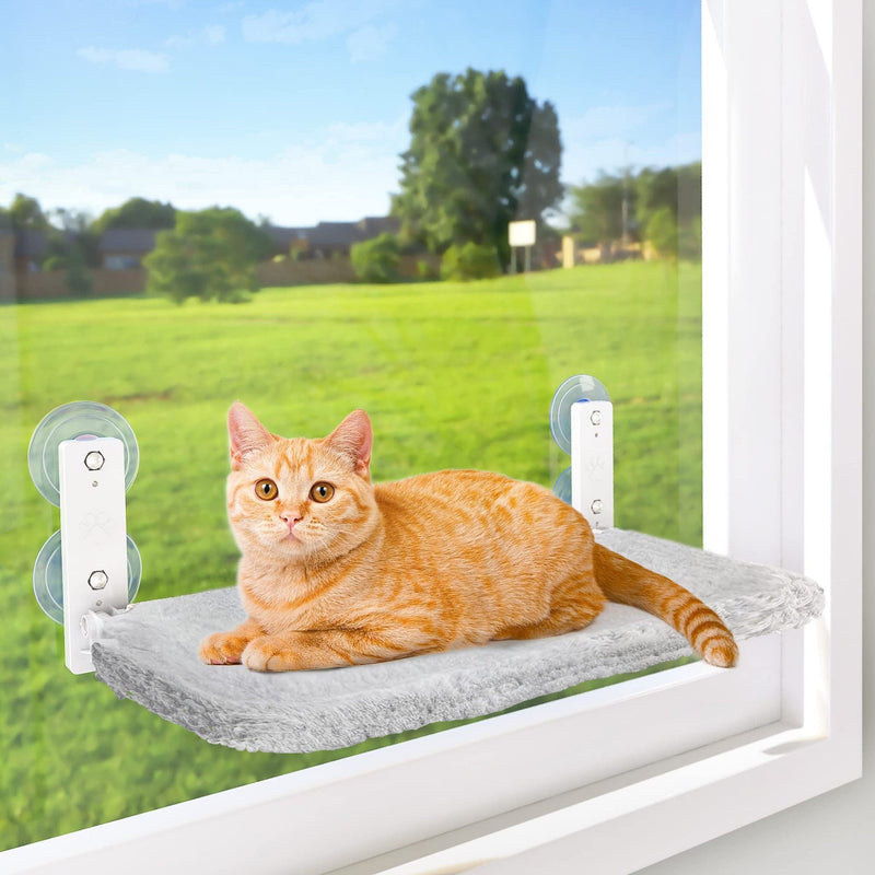 HKM-4289469 Cordless Folding Cat Hammock in Gray Plush and Beige Mesh - Standard & Large Sizes