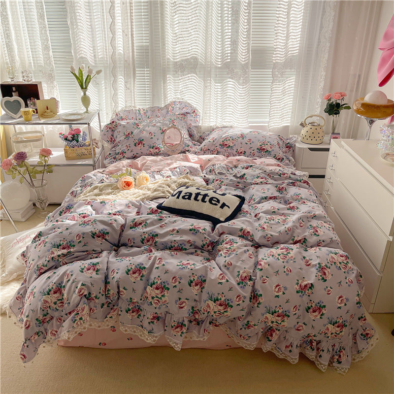 HKM-429075 Floral Cotton Lace Three-Piece Bed Sheet Set for 1.2m to 1.8m Beds