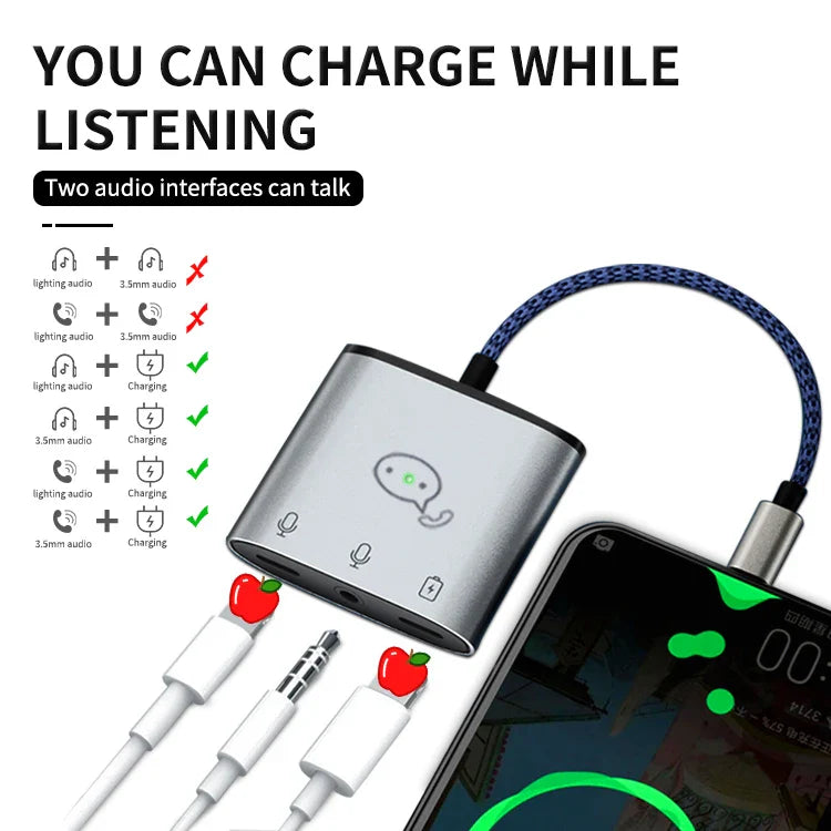 HKM-429139 3-in-1 Audio Adapter Cable for iPhone with Lightning Charger and 3.5mm Headphone Jack