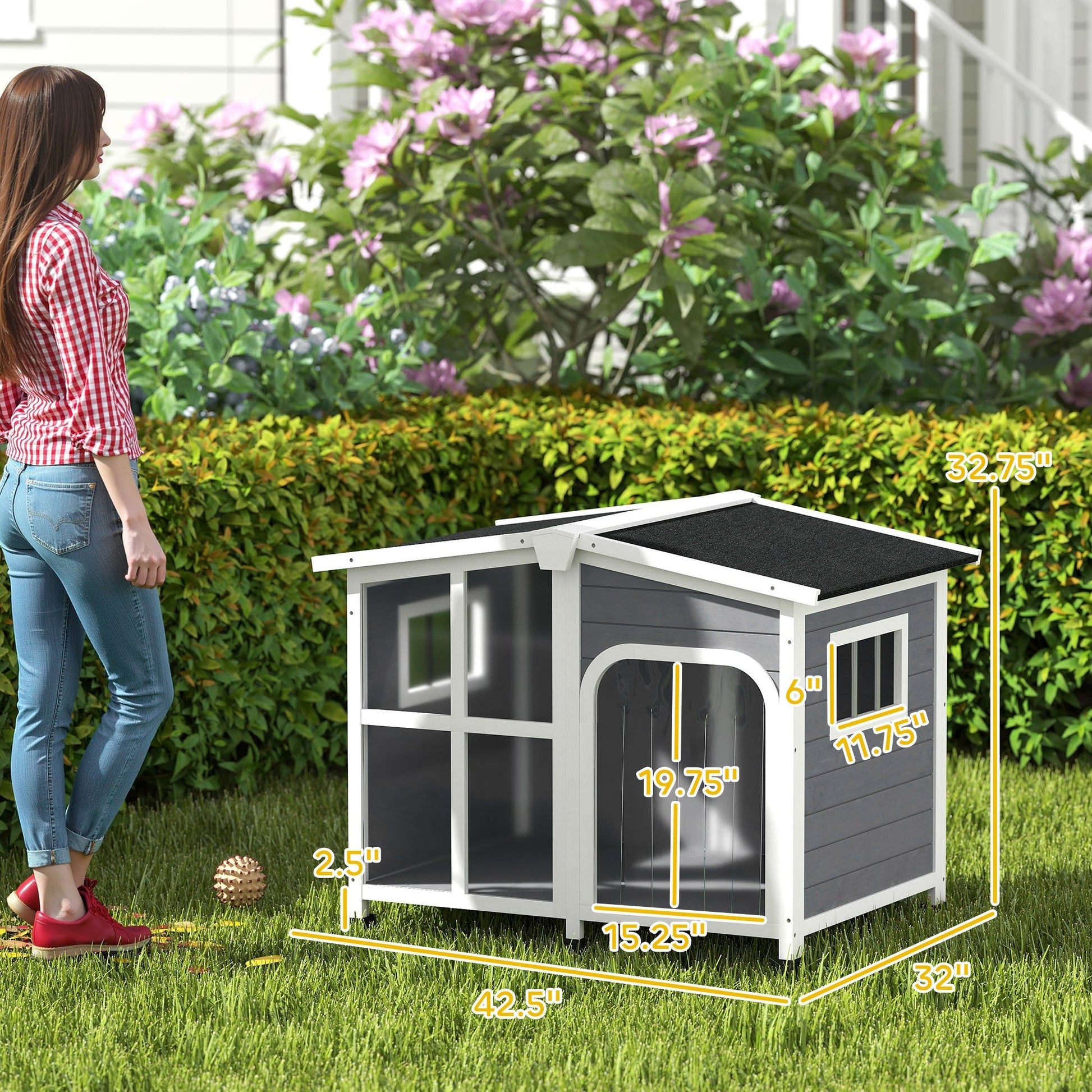 HKM-4291517 Large Dark Gray Wooden Dog House with Openable Roof and Giant Window, Weatherproof Design for Outdoor Use