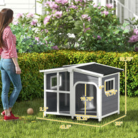 HKM-4291517 Large Dark Gray Wooden Dog House with Openable Roof and Giant Window, Weatherproof Design for Outdoor Use