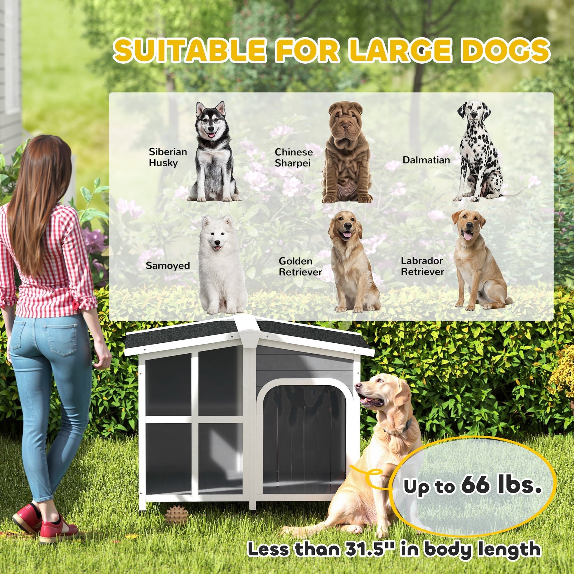 HKM-4291517 Large Dark Gray Wooden Dog House with Openable Roof and Giant Window, Weatherproof Design for Outdoor Use