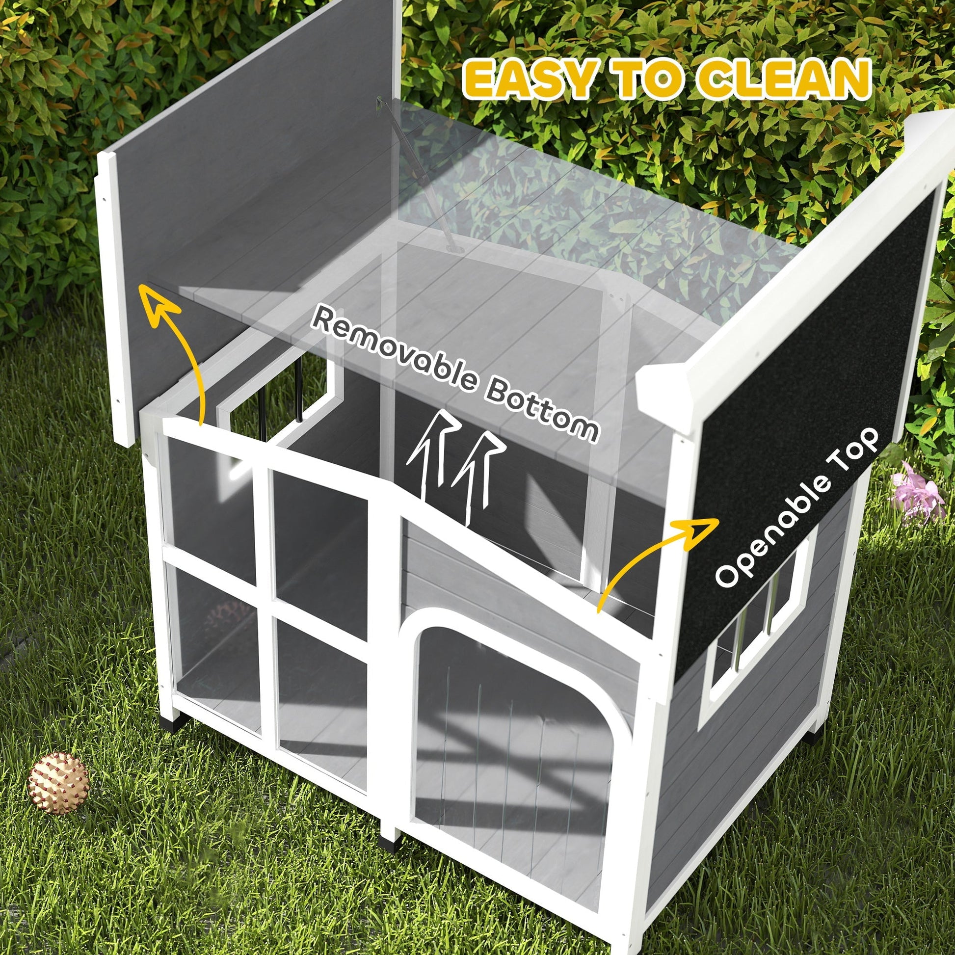 HKM-4291517 Large Dark Gray Wooden Dog House with Openable Roof and Giant Window, Weatherproof Design for Outdoor Use