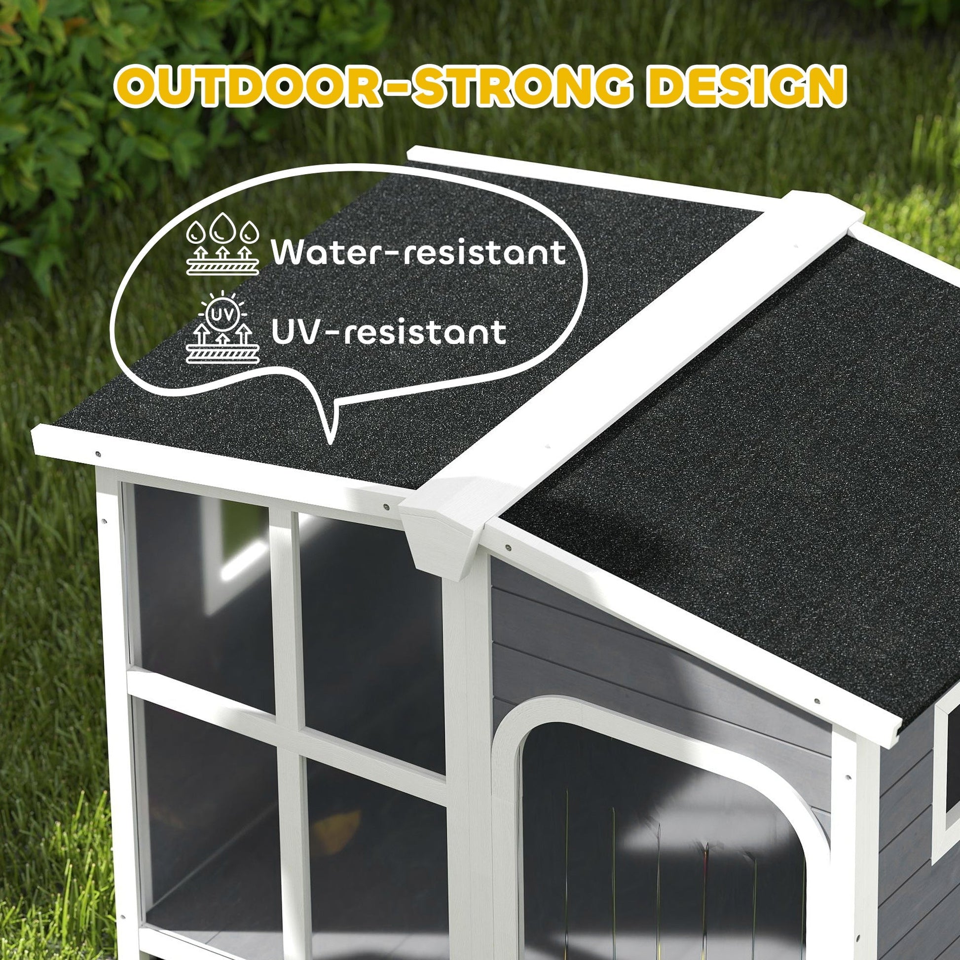 HKM-4291517 Large Dark Gray Wooden Dog House with Openable Roof and Giant Window, Weatherproof Design for Outdoor Use