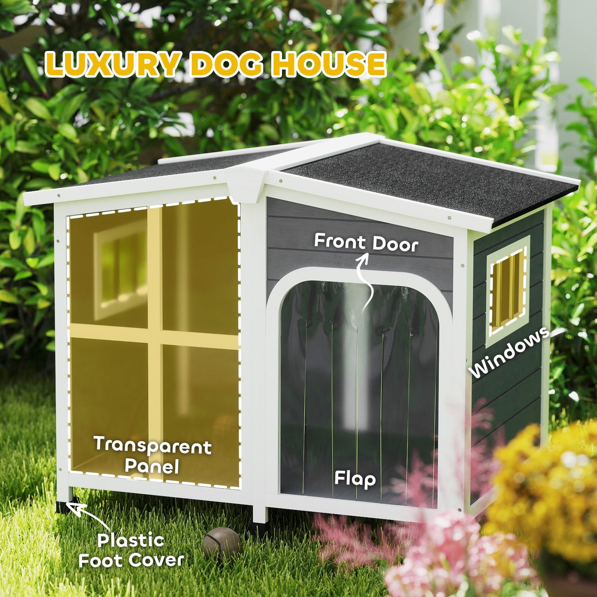 HKM-4291517 Large Dark Gray Wooden Dog House with Openable Roof and Giant Window, Weatherproof Design for Outdoor Use