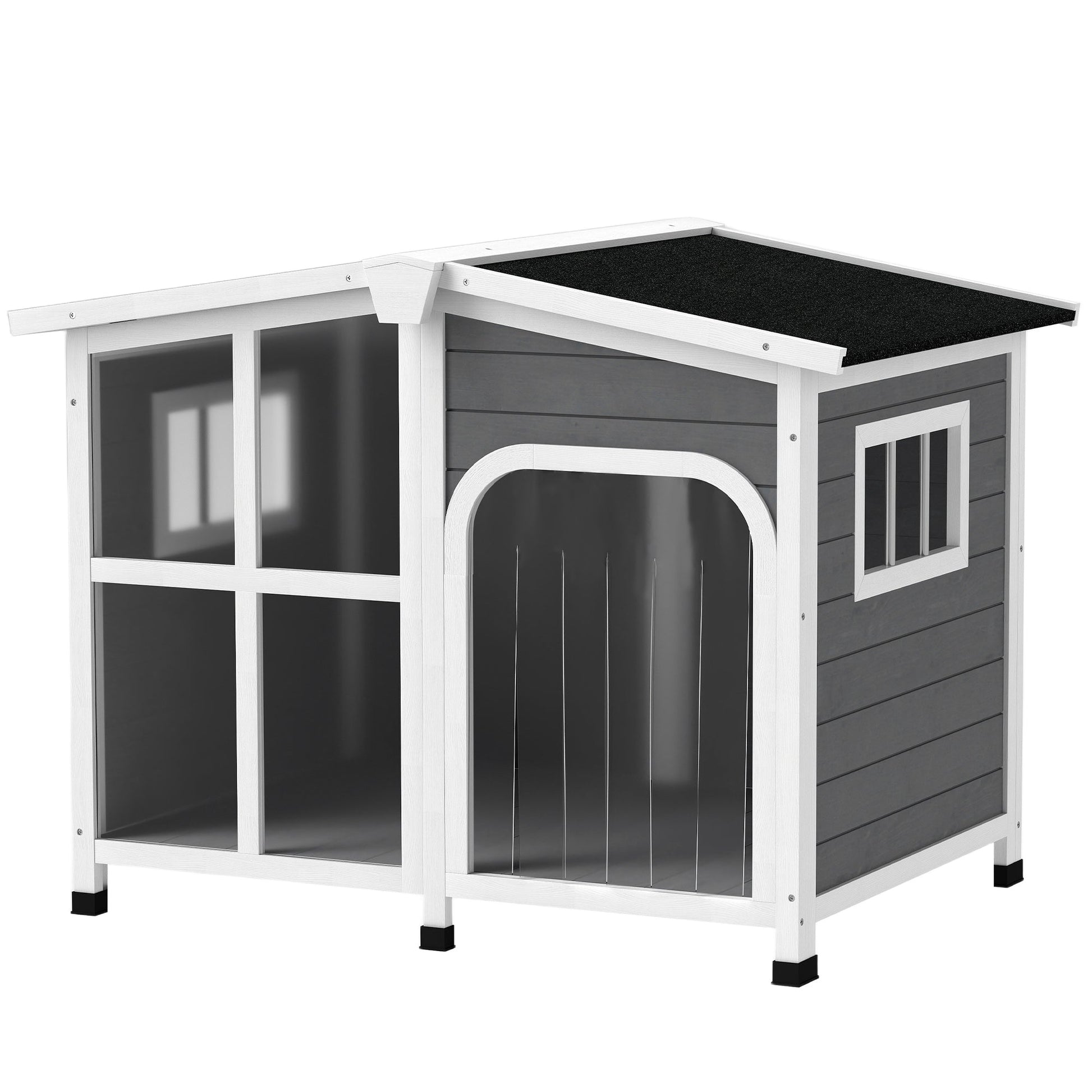 HKM-4291517 Large Dark Gray Wooden Dog House with Openable Roof and Giant Window, Weatherproof Design for Outdoor Use