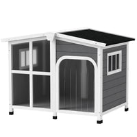HKM-4291517 Large Dark Gray Wooden Dog House with Openable Roof and Giant Window, Weatherproof Design for Outdoor Use